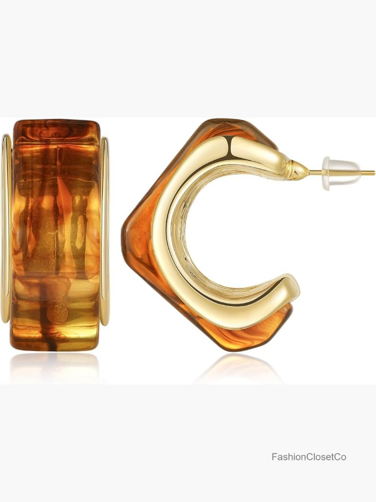 Acrylic Drop Earrings 14k Gold Plated Chunky Resin Hoop Lightweight
